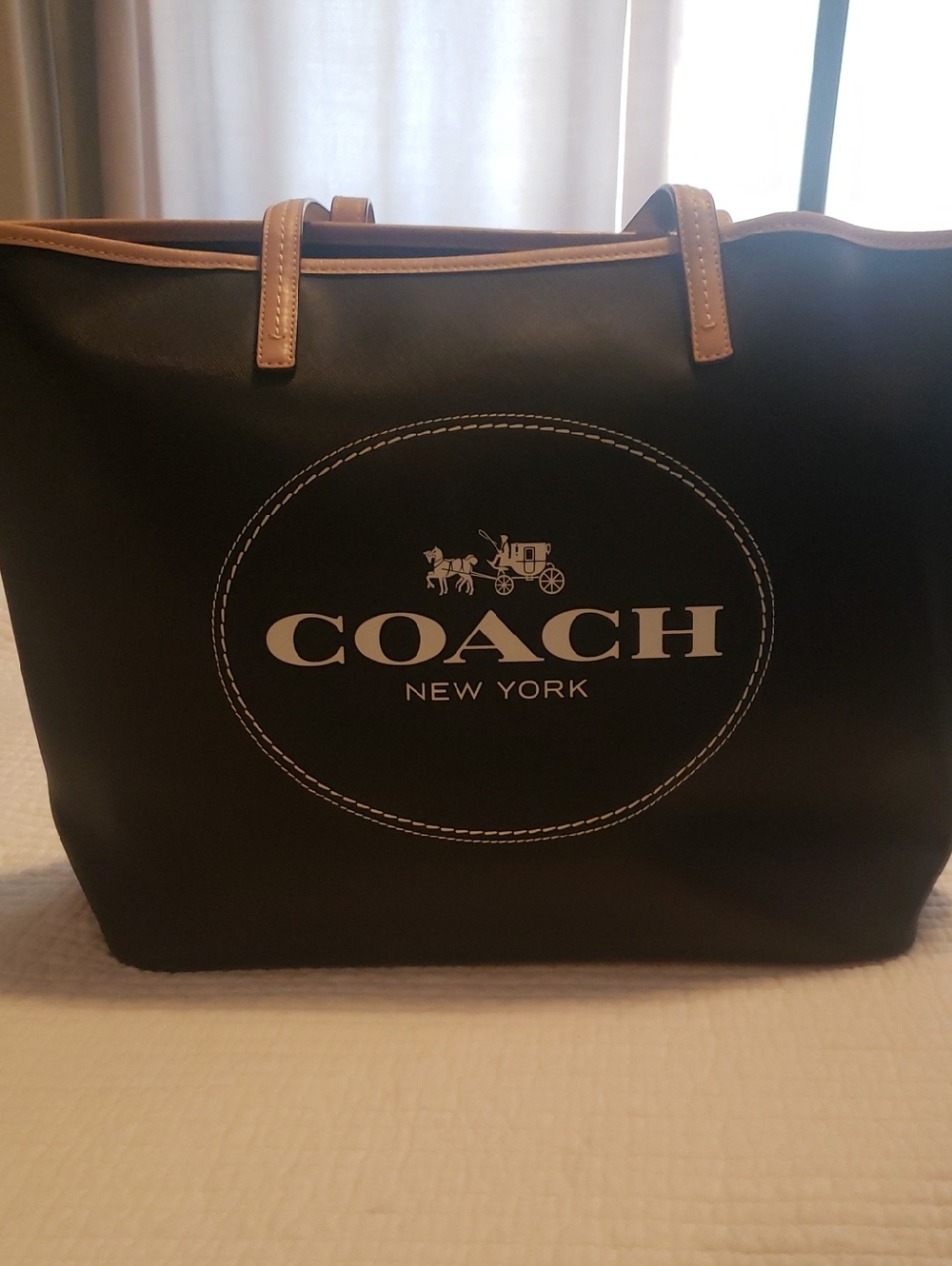 Coach Black Leather Tote with Tan Handles and White Logo Rare EUC